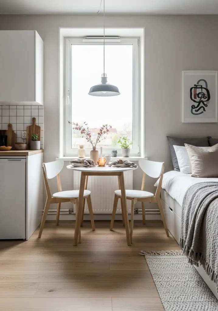 Clean minimal micro studio apartment with a tiny round dining table used as a soft divider between kitchen and sleeping area, two cream chairs, pale wood floor, white bedding, beige walls, warm pendant light, simple table styling, feminine cozy apartment mood.