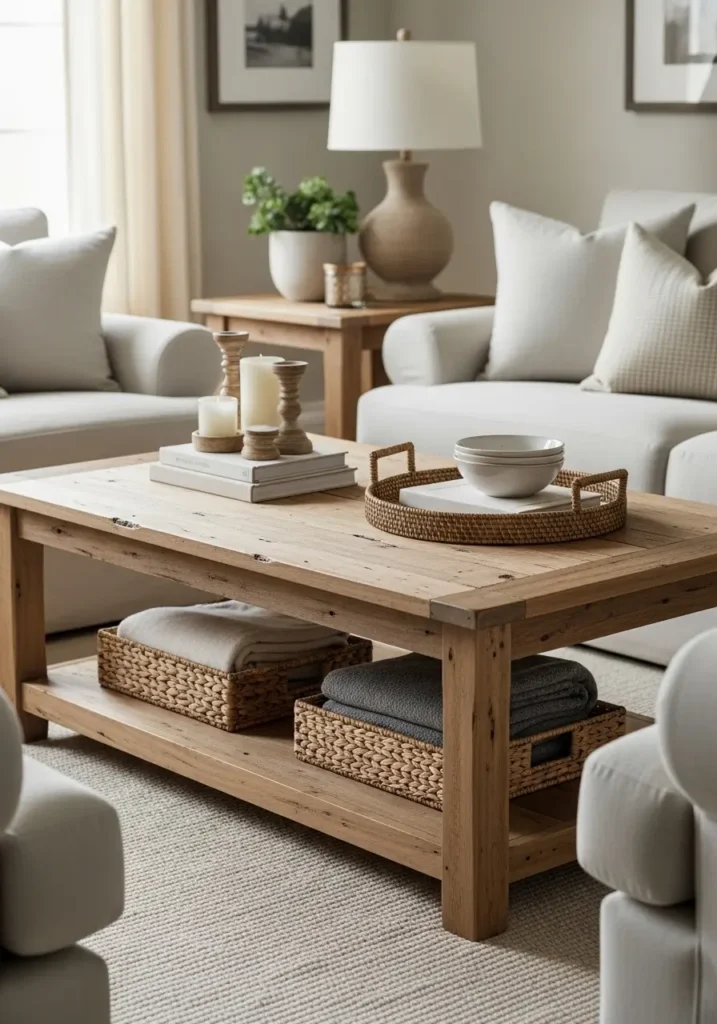 Cozy farmhouse living room centered around a distressed wood coffee table with visible grain texture, soft ivory sofa, warm beige rug, vintage candle holders, stacked books, white curtains, natural daylight, soft earthy palette, rustic modern styling, woven decor accents, minimal farmhouse interior, clean open space, lightly weathered finishes, elegant feminine mood, realistic cozy home photography, layered textures, calm inviting atmosphere

