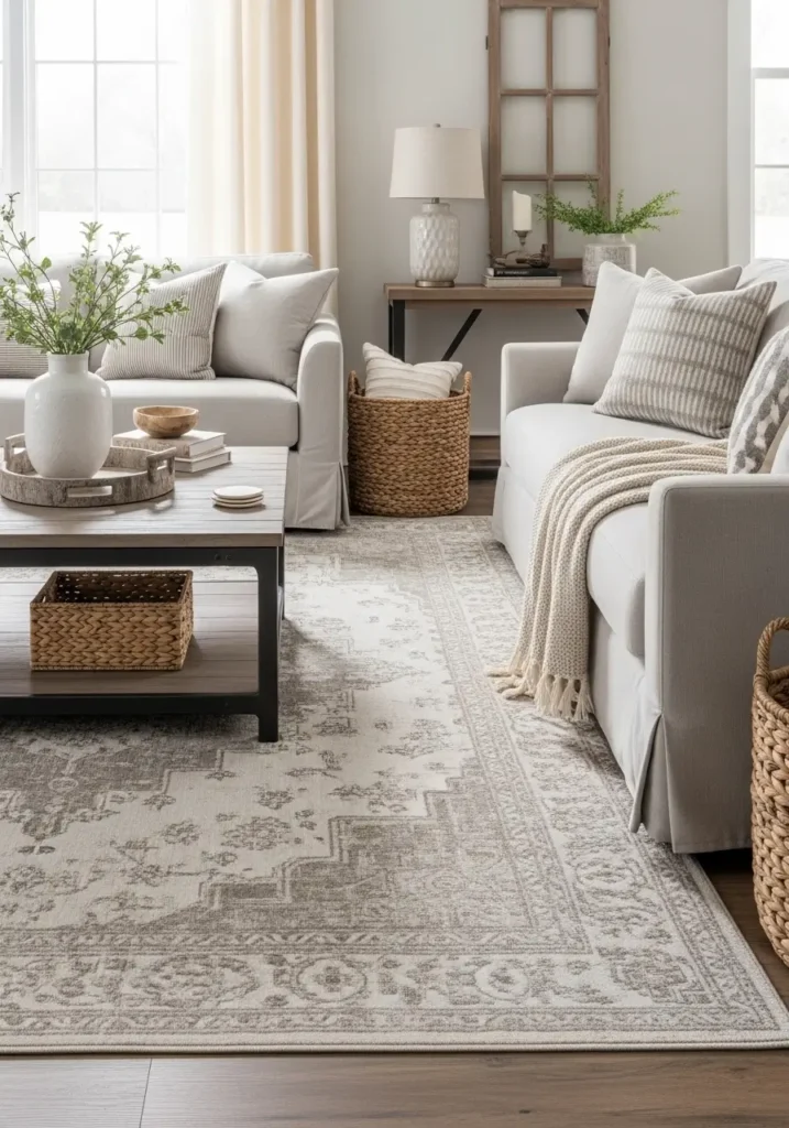 Cozy modern farmhouse living room with distressed neutral rug in faded beige and ivory tones, cream sofa, rustic reclaimed wood coffee table, soft knit throws, woven baskets, black framed windows, natural sunlight, airy farmhouse styling, balanced textures, minimal decor pieces, realistic interior photography, calm feminine atmosphere with warm layered neutral details

