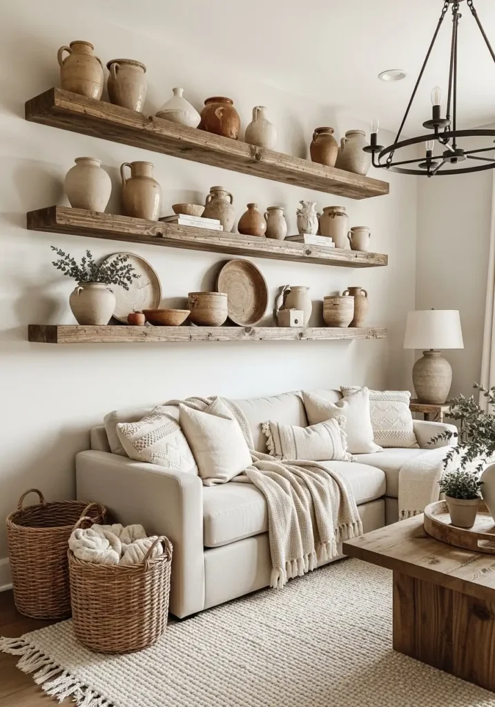 Farmhouse living room with distressed wooden floating shelves, soft beige sectional sofa, vintage pottery decor, woven baskets, warm rustic lighting, creamy neutral tones, rustic wood textures, layered cozy fabrics, airy farmhouse design, feminine minimal styling, realistic interior photography, peaceful inviting atmosphere, subtle greenery, textured cream rug