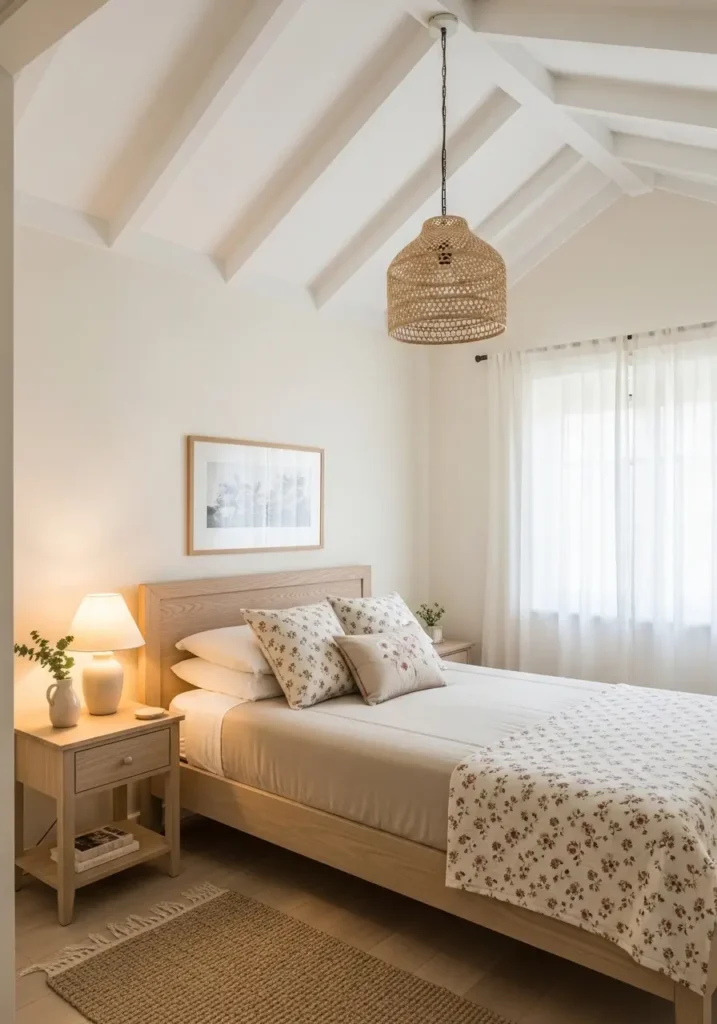 Cozy small vaulted ceiling bedroom with modern cottage style, soft white ceiling beams, cream walls, beige bed, floral neutral pillows, light wood side table, warm lamp glow, woven rug, sheer curtains, delicate decor, clean minimal feminine styling, soft evening light, realistic interior photography.