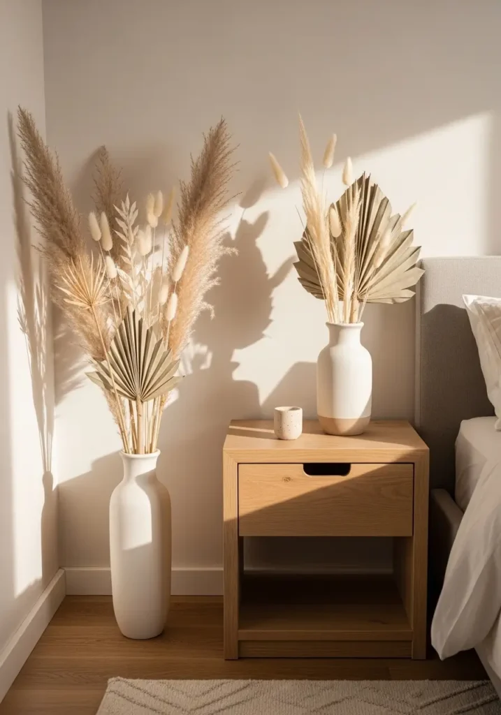 Minimal calm boho bedroom with dried pampas grass and bunny tails in ceramic vases, cream linen bedding, light wood bed frame, woven rug, warm natural sunlight, neutral earthy palette, soft feminine atmosphere, airy uncluttered interior styling, organic textures, peaceful bedroom decor, modern boho aesthetic, cozy relaxing retreat with subtle shadows and natural decor accents

