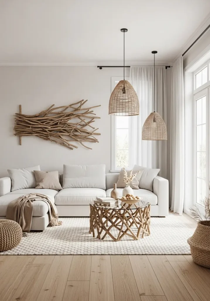 Minimal beach house living room with natural driftwood wall decor, soft white sectional sofa, woven pendant lighting, light oak floors, creamy textured rug, airy curtains, neutral coastal palette, subtle ocean inspired styling, bright sunlight entering large windows, elegant driftwood coffee table centerpiece, cozy feminine decor, calm seaside atmosphere, clean styling with natural textures, soft beige and pale blue details, peaceful beach inspired interior

