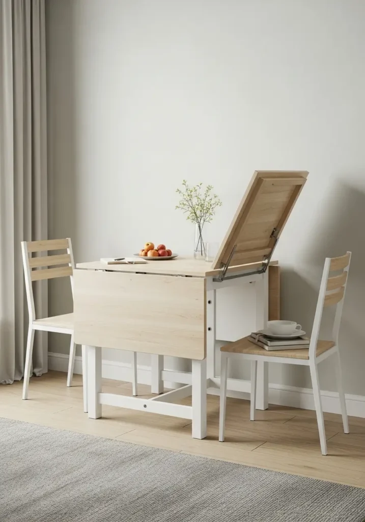 Small studio apartment kitchen corner with a white drop leaf table against a warm neutral wall, two slim chairs, soft linen curtains, pale wood floor, ceramic vase, cozy daylight, clean minimal feminine styling, flexible dining and work setup, realistic interior photography.