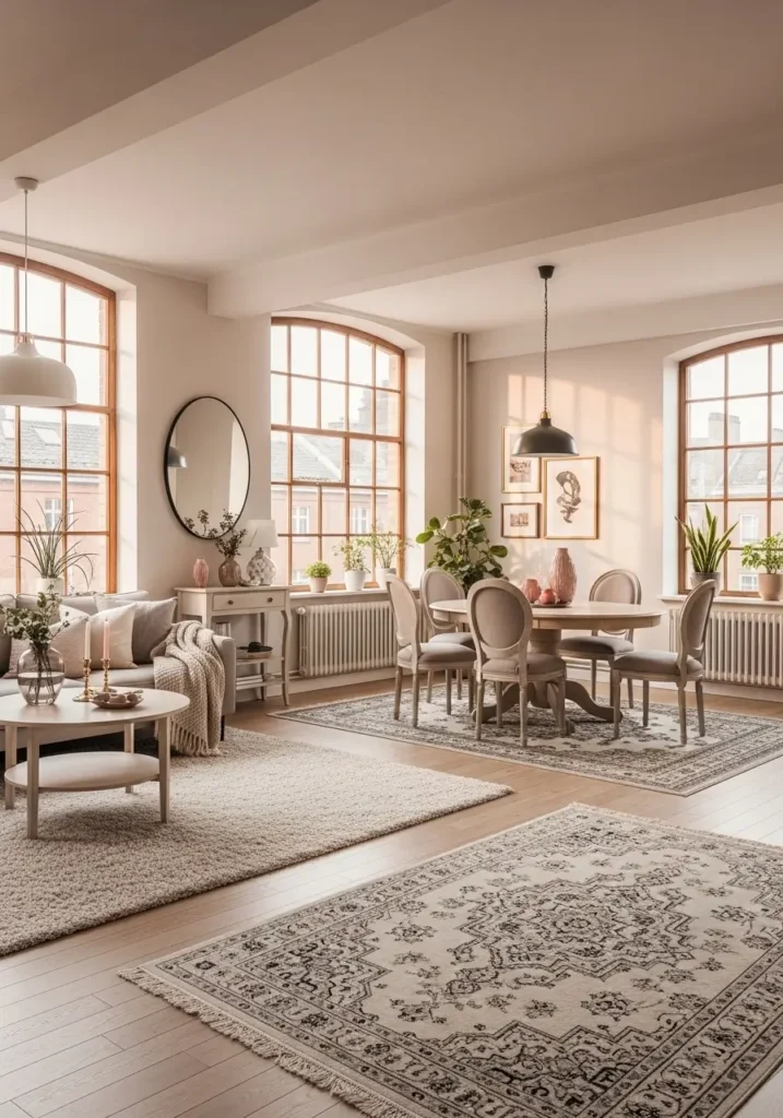 Pretty loft apartment with dual rug layout defining living and dining zones, cream rug under sofa, patterned rug under dining table, airy feminine styling, pale wood floors, soft neutral palette, tall loft windows, elegant furniture arrangement, realistic editorial home interior with open plan zoning and warm welcoming mood