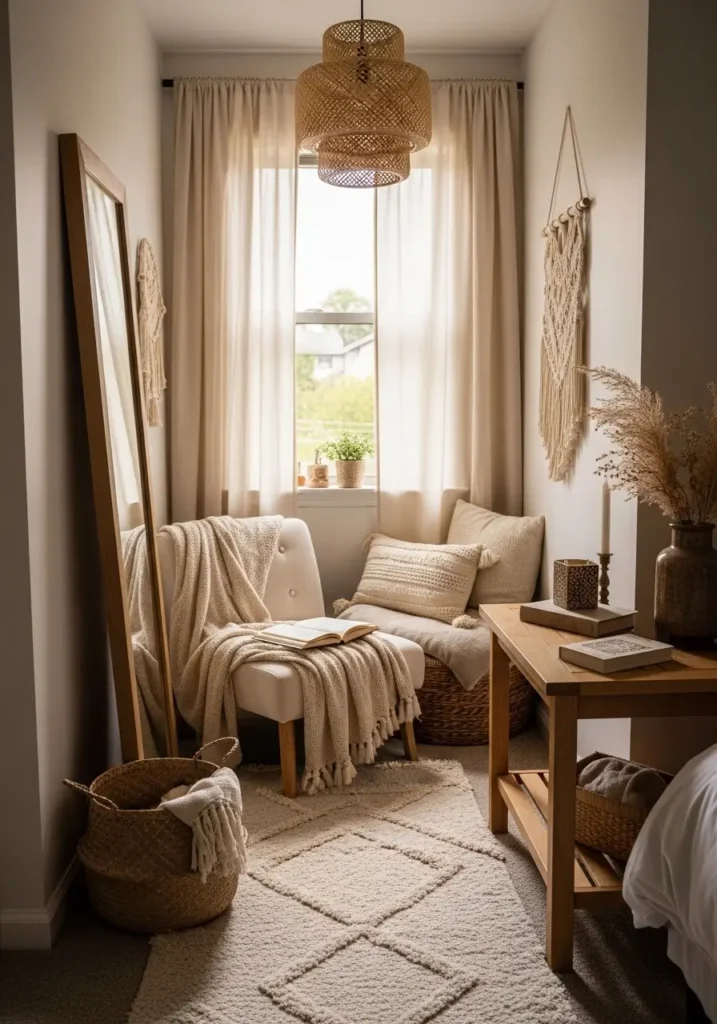 Minimal calm boho bedroom reading nook with cozy accent chair, cream knit throw blanket, wooden stool table, warm lamp lighting, woven basket, beige rug, soft earthy palette, natural textures, airy boho bedroom interior, peaceful feminine atmosphere, uncluttered cozy styling, soft shadows, modern earthy retreat aesthetic with calming decor details

