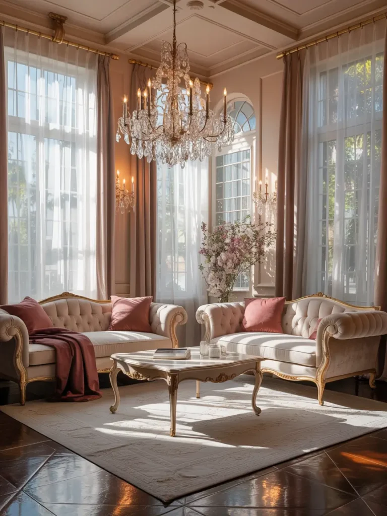 Soft, neutral tones, luxurious fabrics like velvet, vintage furniture, and chandeliers for a chic, romantic atmosphere. High ceilings and plenty of light.