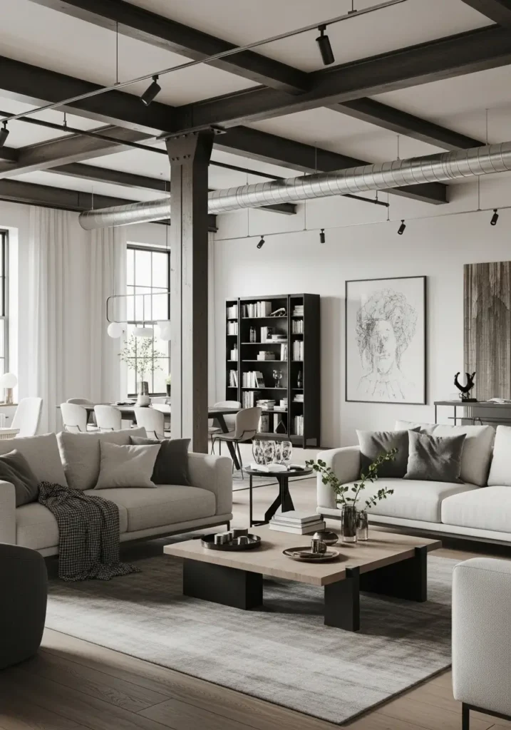 High ceilings, exposed beams, and contemporary furniture with an industrial edge. A mix of sleek and cozy elements, like modern sofas and soft textiles.