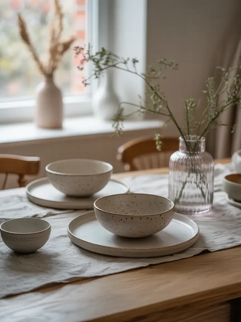 Japandi tabletop styling with handmade ceramic bowls, a textured linen runner, a wooden surface with natural grain, soft window light illuminating details, a minimal decor arrangement, Pinterest-style interior photography capturing organic beauty.

