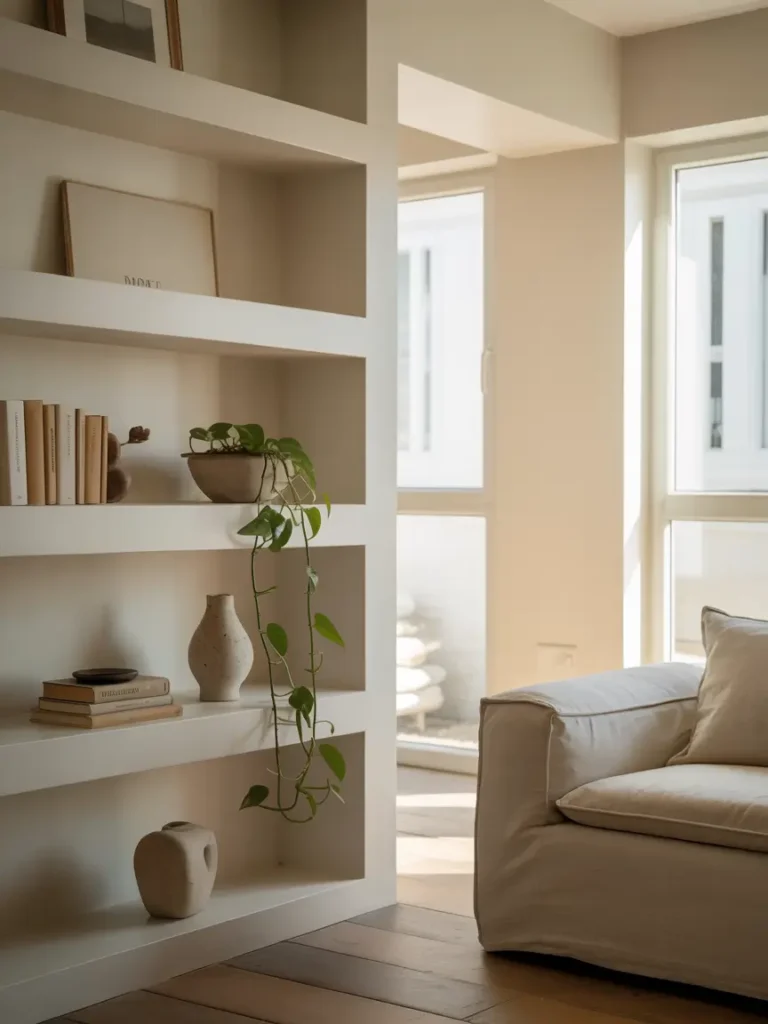 Open shelving, minimalist decor, and a clutter-free space with just a few carefully chosen items, letting the room breathe and feel spacious.