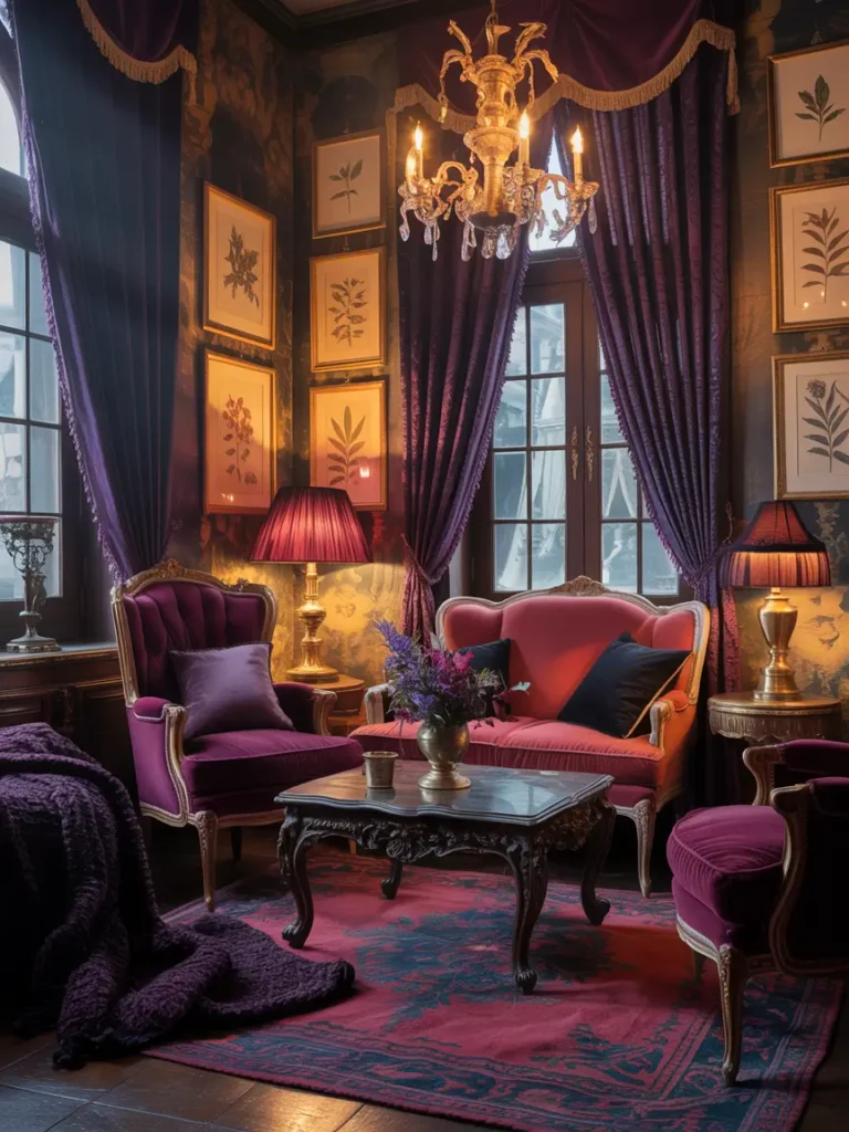 A vintage-inspired room with antique furniture, plush seating, and soft, moody lighting.