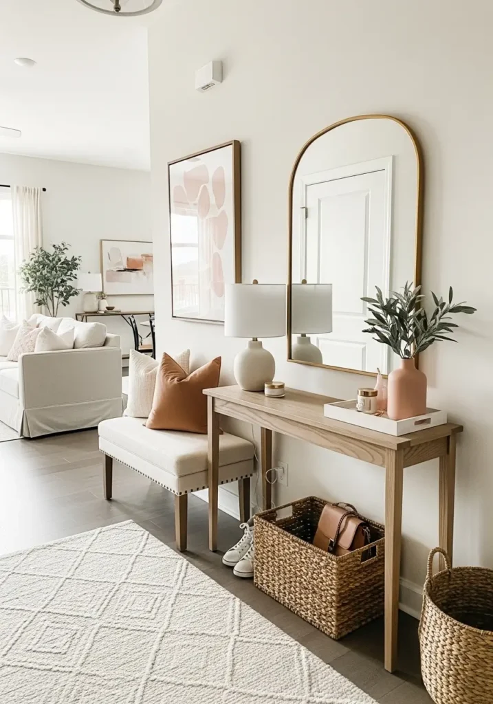 Pretty loft apartment entryway layout with a slim console table, soft upholstered bench, mirror, woven basket, warm neutral decor, feminine new home styling, airy industrial loft setting, pale wood floors, soft lighting, organized landing area, realistic interior design photo with welcoming and elegant apartment mood