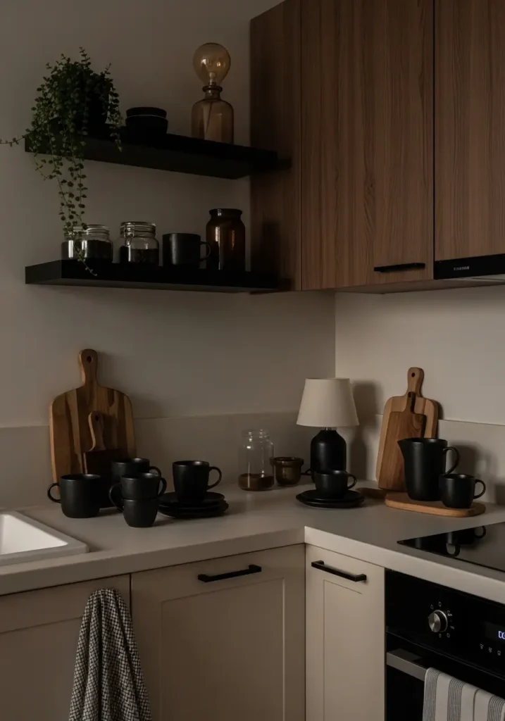 Clean minimal goth apartment kitchen corner with espresso brown cabinets, matte black shelves, cream stone counter, small amber lamp, dark ceramic mugs, simple black framed print, warm shadows, uncluttered cozy layout, feminine dark apartment styling.