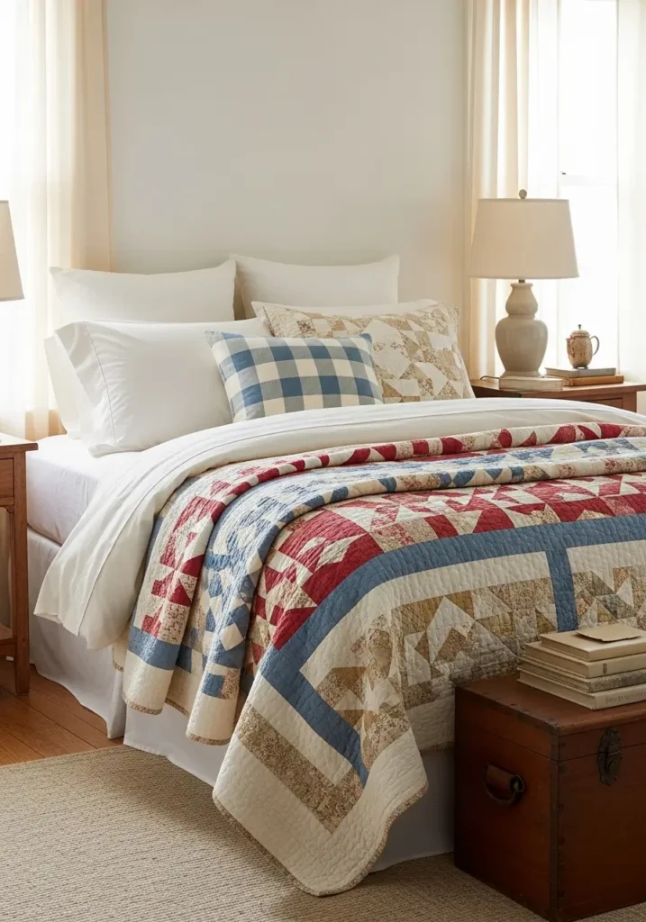 Clean minimal vintage Americana bedroom with a cream iron bed, faded red and blue patchwork quilt, white cotton sheets, soft beige walls, aged wooden nightstand, small brass lamp, woven rug, natural morning light, calm country mood, uncluttered cozy styling, antique cottage charm.