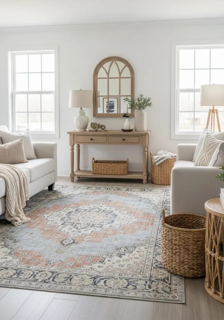 Minimal modern farmhouse living room featuring faded vintage area rug with muted blue and beige tones, cream slipcovered sofa, rustic wood beams, soft natural lighting, light oak flooring, black framed windows, cozy knit pillows, simple farmhouse decor, airy neutral palette, balanced styling, elegant distressed rug texture, calm welcoming atmosphere, realistic interior design photography, warm feminine farmhouse style, clean uncluttered layout with soft layered textures

