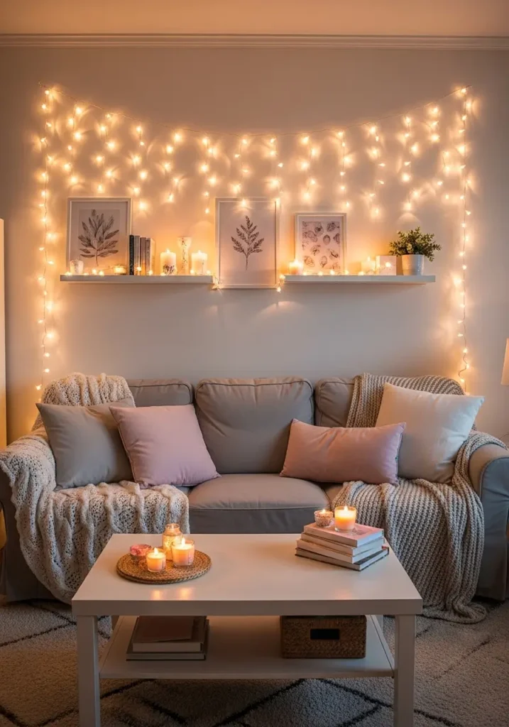 Cozy college apartment living room with warm fairy lights hanging across neutral walls, soft cream loveseat, layered knit blankets, pastel pillows, small bookshelf, candle decor, feminine cozy apartment style, warm golden lighting, clean minimal setup, tiny coffee table, textured rug, peaceful nighttime atmosphere, modern student apartment decor, soft shadows, delicate wall prints, realistic photography, airy apartment styling, relaxing cozy vibe

