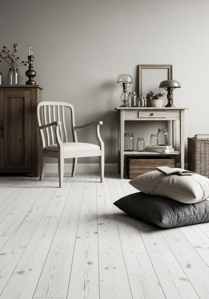 Whitewashed wood floors, a neutral color palette, simple yet cozy furniture, and vintage accessories like mason jars and antique lamps for a rustic feel.