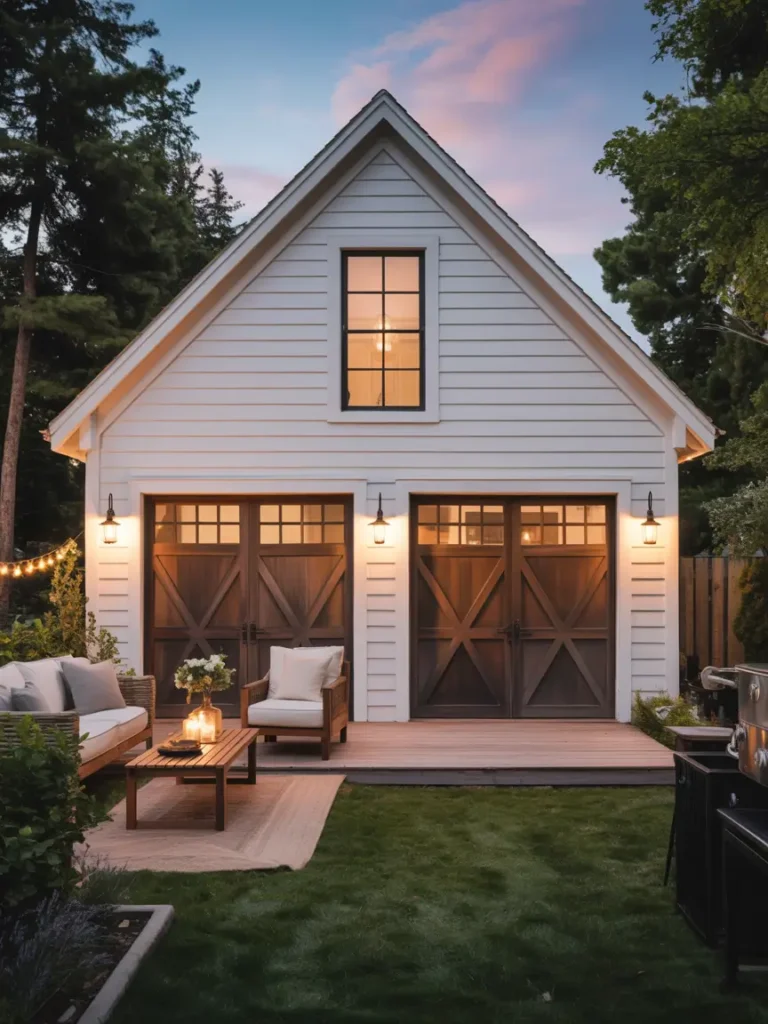Farmhouse detached garage apartment with white siding, black lantern lights, wooden garage doors, cozy backyard seating, soft greenery, rustic modern architecture, warm outdoor lighting, realistic suburban photography, compact backyard farmhouse style