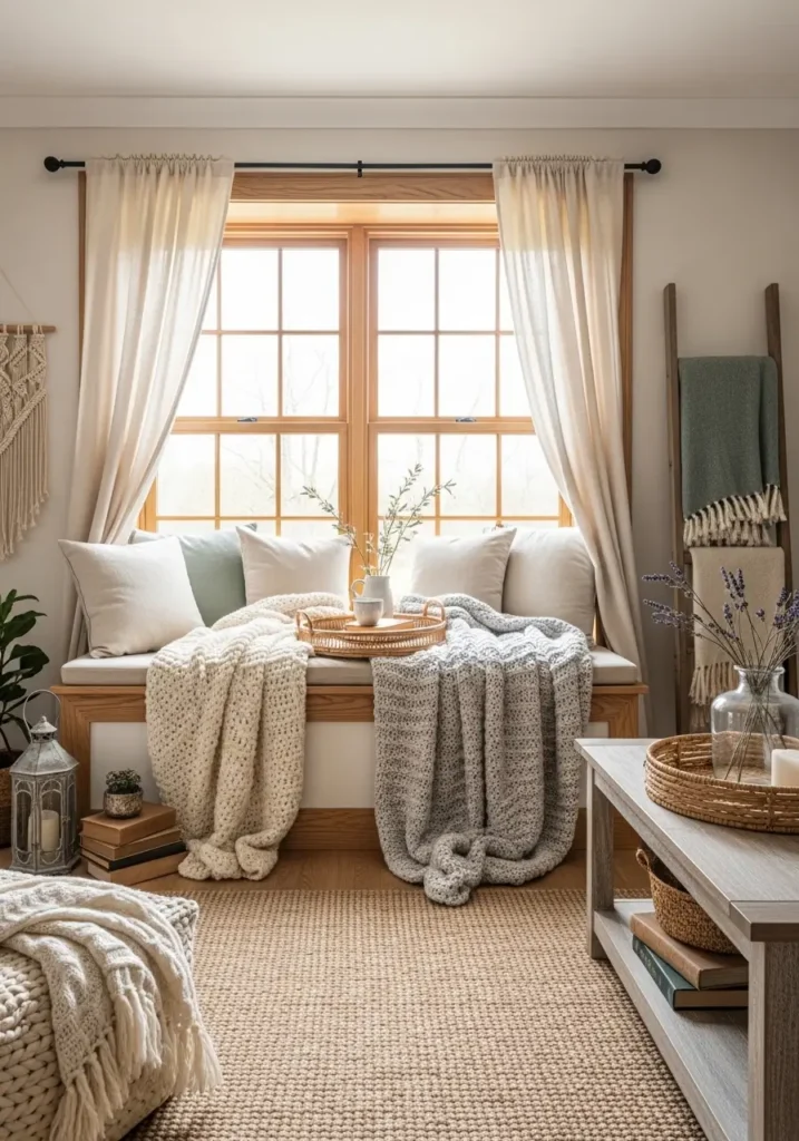 Rustic farmhouse living room with cozy window seat, soft linen cushions, knit throw blankets, light oak wood trim, warm natural sunlight, neutral farmhouse palette, woven textures, soft cream curtains, vintage decor accents, realistic cozy interior photography, airy feminine styling, peaceful reading corner, rustic wood details, inviting and comfortable atmosphere