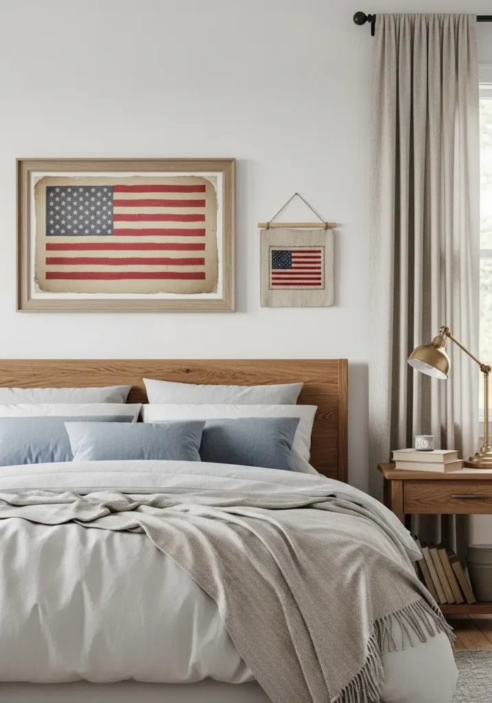 Clean minimal bedroom with soft white bedding, aged framed American flag art above the bed, light wood furniture, warm neutral walls, faded blue pillow, vintage brass sconce, simple linen curtains, calm feminine country styling, airy space, cozy heritage mood.
