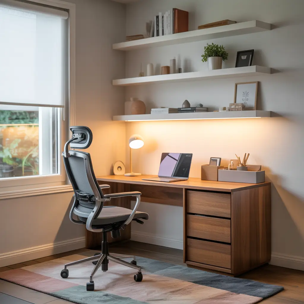 Small feminine studio apartment with a floating wall mounted desk in light wood, slim white chair, tiny laptop, closed notebook, small lamp, beige wall, minimal shelf above with one plant and framed print, soft daylight, clean cozy work corner with open floor space.