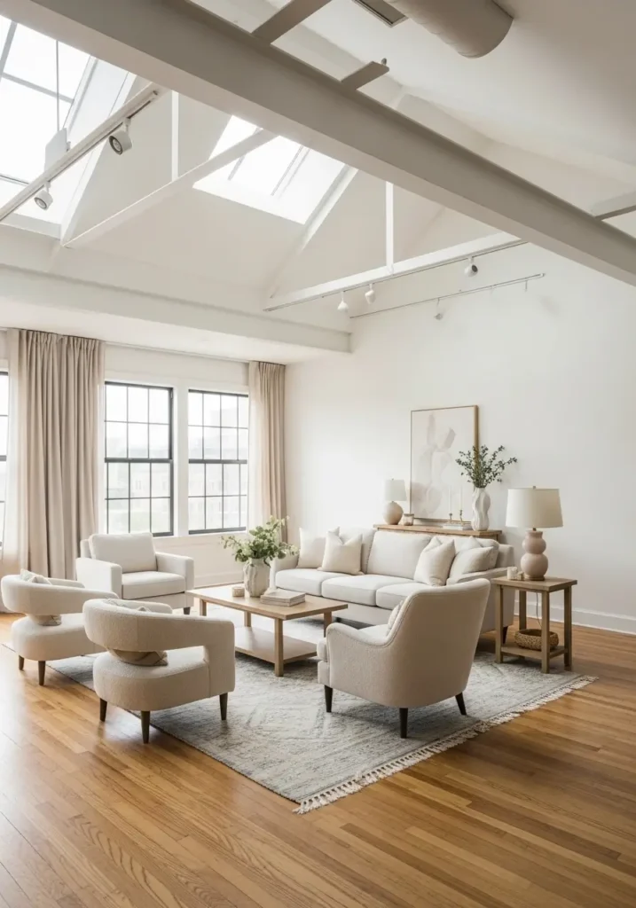 Open loft apartment with a floating living room layout, sofa centered away from walls, wide open walkways, modern feminine decor, soft beige palette, tall industrial windows, sleek coffee table, light rug, airy styling, natural sunlight, balanced furniture arrangement, stylish new home interior, realistic editorial photography with warm and inviting mood.