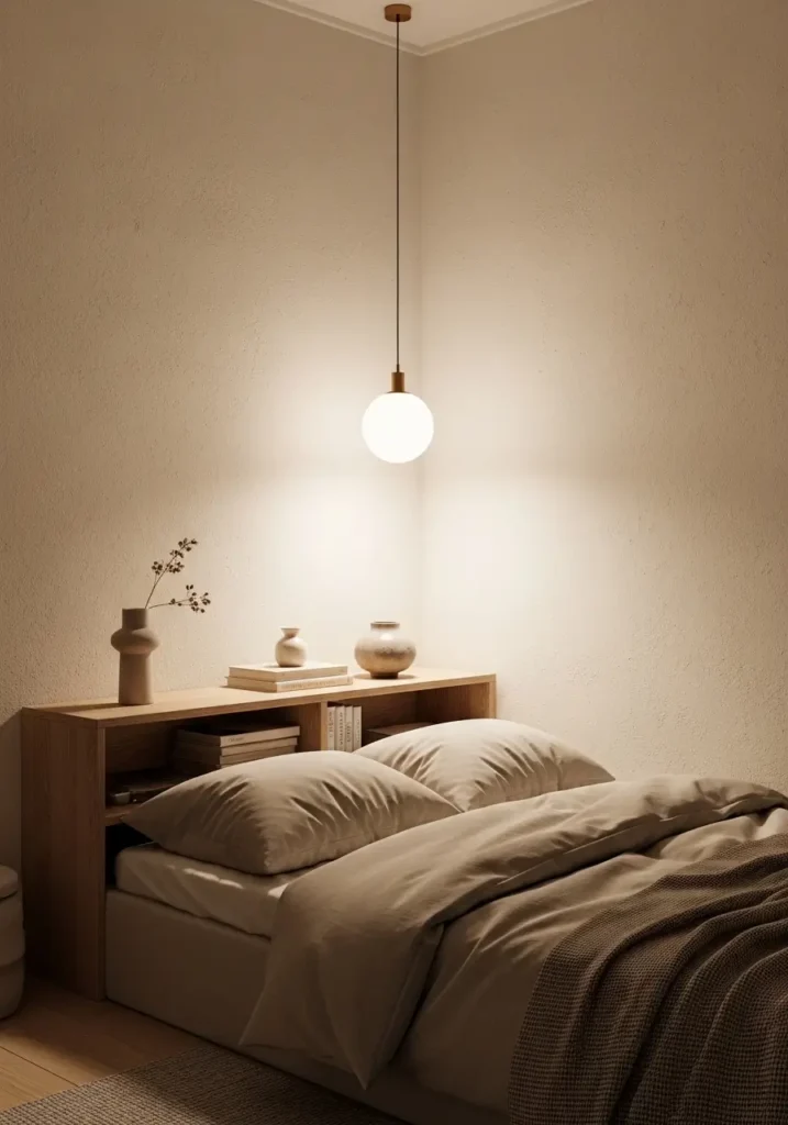 Tiny minimalist studio apartment bedroom with floating wooden night shelf beside low bed, soft neutral bedding, creamy textured walls, warm ambient lighting, modern apartment styling, uncluttered small bedroom corner, floating decor, tiny ceramic vase, beige linen sheets, soft shadows, cozy feminine interior, compact apartment furniture, clean Scandinavian style, natural wood details, calming atmosphere, small studio apartment organization ideas, realistic interior photography, warm minimal aesthetic, airy bedroom setup with hidden storage and soft textures.

