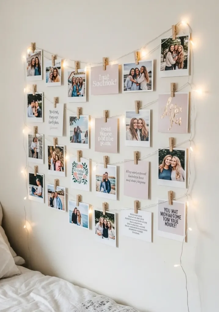 Cute dorm bedroom with floating photo wall display, soft fairy lights clipped across white wall, pastel photo prints, minimal wooden desk, cozy bedding, warm ambient lighting, neutral decor palette, tiny dorm apartment styling, clean modern layout, soft cream and blush accents, feminine cozy atmosphere, simple wall collage, realistic interior photography, minimal clutter, aesthetic college bedroom decor, calm evening lighting, soft textures, budget friendly dorm setup with personal touches and cozy styling

