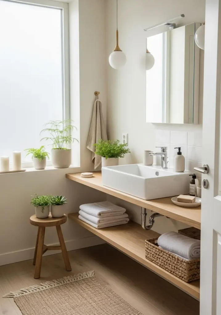 Minimal apartment bathroom with floating wooden plant ledge, tiny potted greenery, creamy walls, soft neutral decor palette, warm natural textures, Scandinavian inspired bathroom styling, cozy feminine apartment atmosphere, natural daylight through frosted window, clean uncluttered interior, realistic interior photography, matte ceramic planters, calm spa mood, airy modern bathroom wall decor with elegant balanced styling

