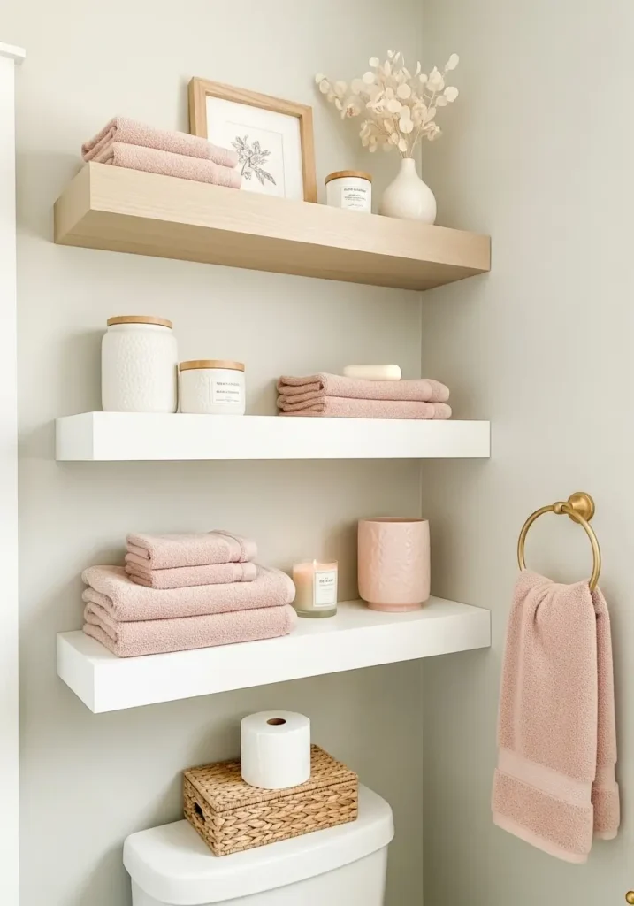 Clean minimal feminine bathroom with light wood floating shelves above a cream toilet area, folded blush towels, tiny candles, ceramic jars, pale flowers, white walls, gold towel ring, warm natural light, tidy modern decor, romantic cozy styling, soft luxury mood.
