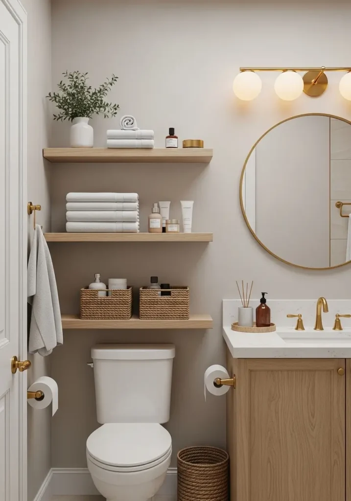 Minimal apartment bathroom with slim floating wood shelves above toilet, rolled white towels, tiny skincare bottles, soft neutral walls, round mirror, warm golden lighting, compact bathroom makeover design, clean apartment styling, cozy feminine decor, realistic tiny bath interior, woven baskets, uncluttered countertop, modern renter friendly bathroom setup, subtle beige textures, calm morning atmosphere, airy styling, apartment bathroom organization inspiration with elegant simple details