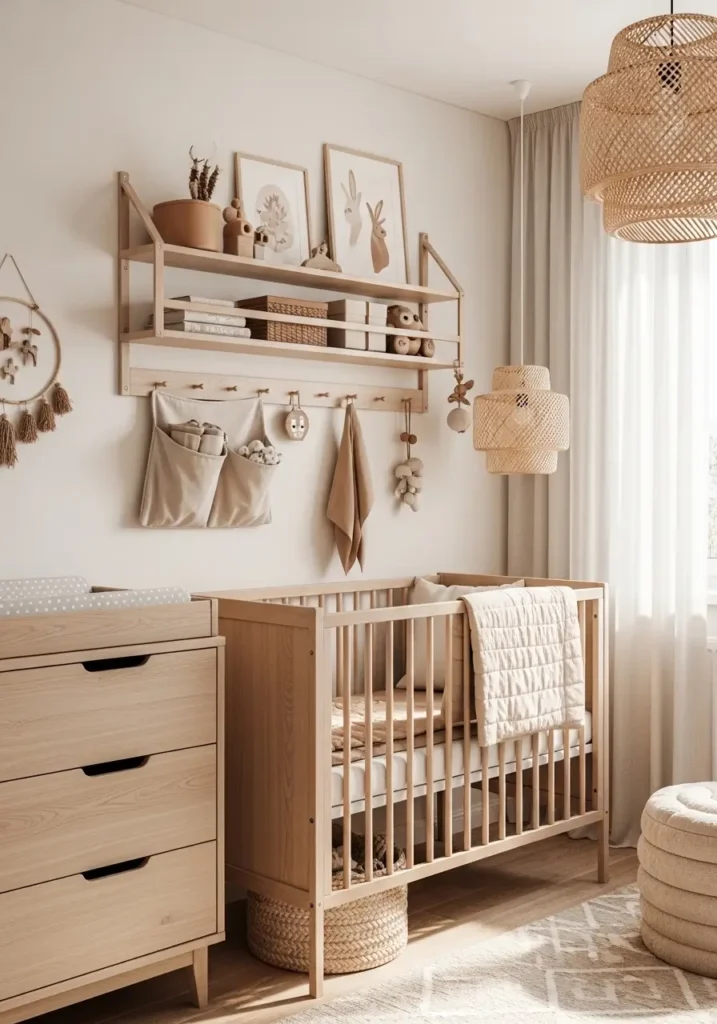 Minimal tiny apartment nursery featuring wall mounted wooden shelves above compact crib, creamy white walls, neutral baby decor, hanging storage pockets, soft cotton bedding, woven pendant light, cozy apartment styling, warm beige textures, natural sunlight through sheer curtains, uncluttered nursery layout, small space organization, realistic Scandinavian decor, calming feminine atmosphere, light wood furniture, peaceful baby room aesthetic, modern minimalist nursery design, soft cozy mood photography

