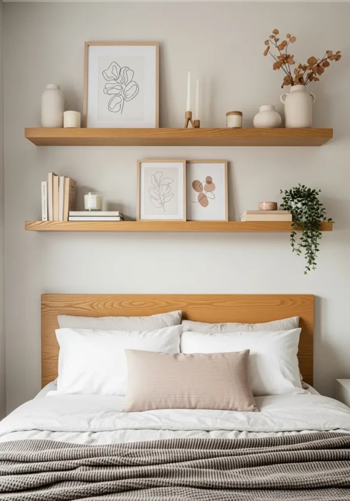 Minimal post grad apartment bedroom with floating wooden shelves above bed, soft white bedding, tiny stacked books, ceramic vase, framed prints, neutral color palette, clean small apartment layout, cozy feminine decor, warm natural sunlight, light beige walls, woven textures, simple modern styling, compact bedroom setup, airy aesthetic, calm organized atmosphere with soft shadows

