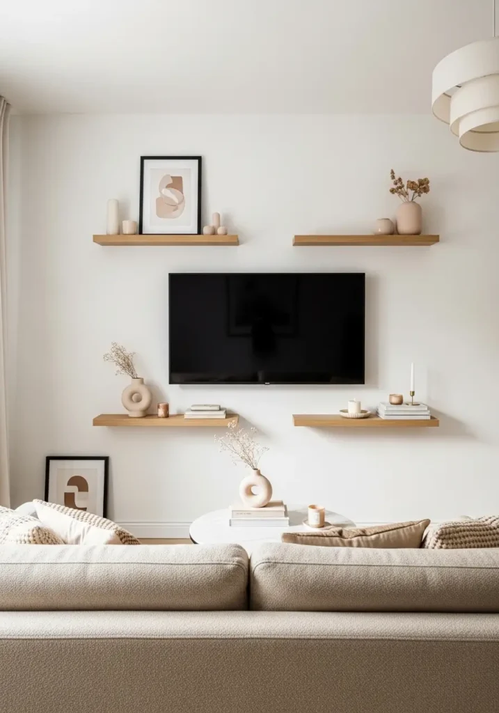 Minimal apartment living room with sleek floating shelves around mounted TV, soft white walls, beige boucle sofa, black framed accents, light oak shelving, small decorative vases, candles, books, cozy layered textures, clean apartment styling, modern feminine decor, neutral palette, soft warm lighting, uncluttered modern setup, realistic apartment interior, airy living room with natural sunlight, balanced shelf styling, calm cozy atmosphere, elegant modern apartment design


