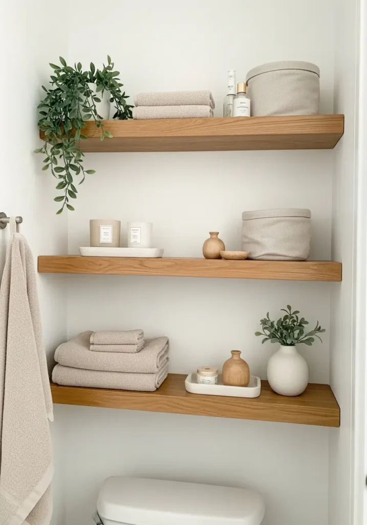 Small apartment bathroom with floating oak shelves on white walls, neatly folded towels, tiny ceramic vase with eucalyptus stems, minimal candle styling, soft cream and beige decor palette, modern feminine bathroom interior, natural daylight, matte black hardware, cozy spa inspired atmosphere, clean uncluttered apartment styling, realistic interior design photography, soft shadows, warm textures, organized minimal shelf decor, calm relaxing mood, simple modern bathroom wall setup with subtle elegance

