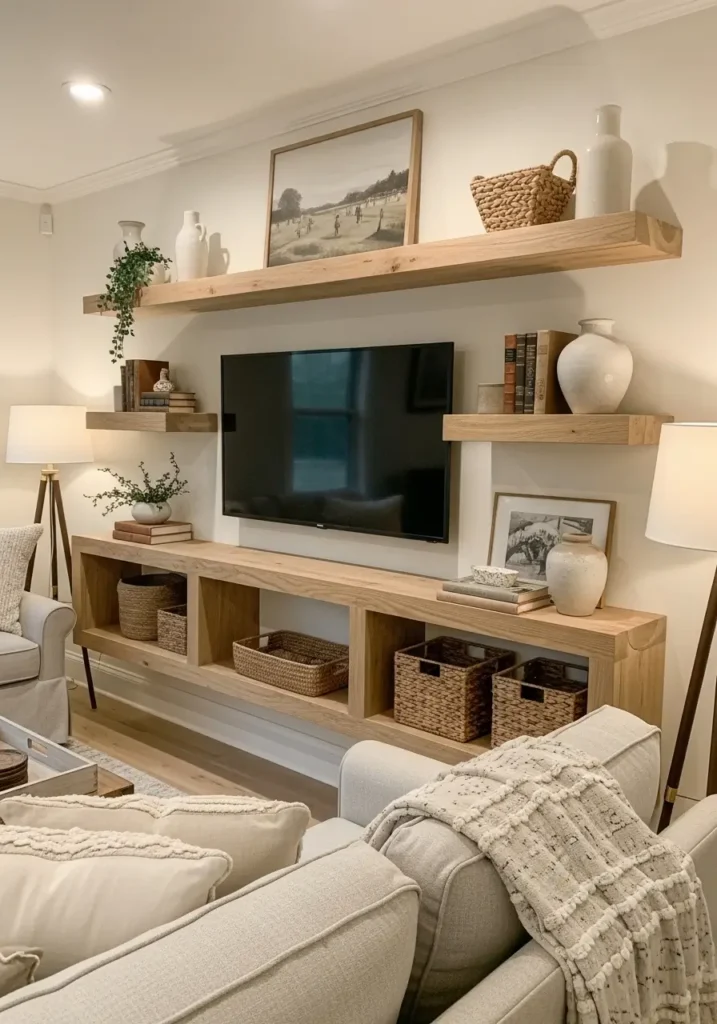 Farmhouse living room with floating wood shelves around TV, soft beige sofa, rustic oak decor, neutral layered pillows, woven textures, creamy walls, warm sunlight, minimal cozy styling, realistic farmhouse interior photography, clean open shelving, subtle greenery, calm airy atmosphere, elegant rustic details, uncluttered family room, warm ambient lighting, peaceful inviting space

