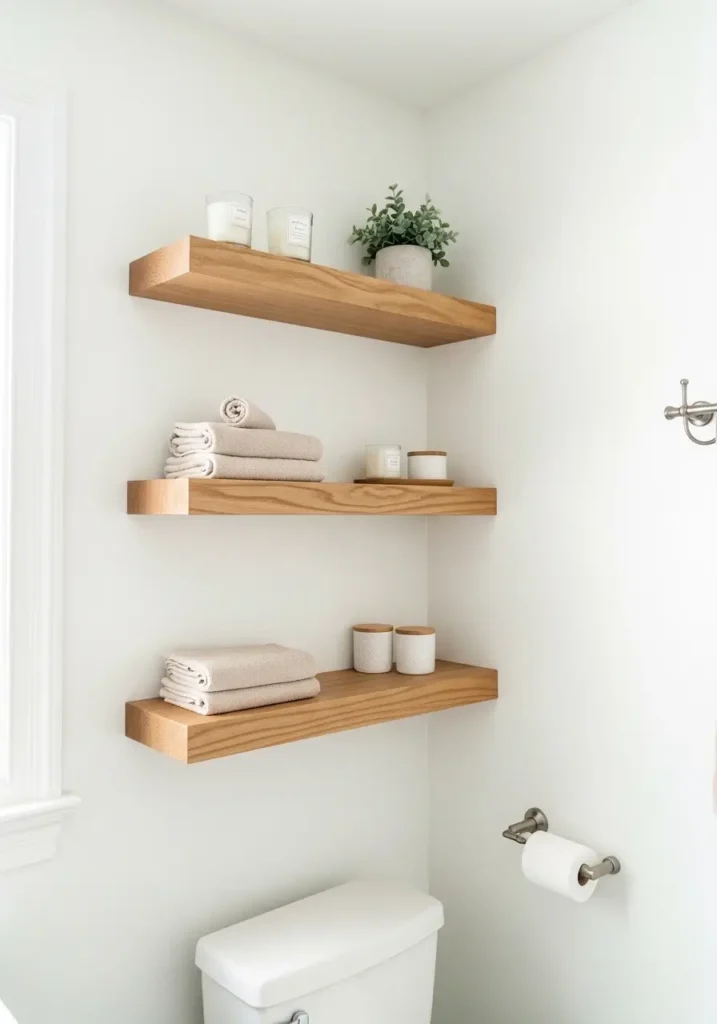Minimal bathroom with floating light oak wooden shelves above toilet area, rolled white towels, small candles, tiny ceramic vase, woven baskets, creamy beige walls, soft warm lighting, clean modern styling, airy apartment bathroom aesthetic, subtle spa feeling, natural textures, neatly arranged decor, cozy feminine mood, realistic interior photography, simple luxury bathroom styling, soft shadows, organized shelves with calm neutral tones

