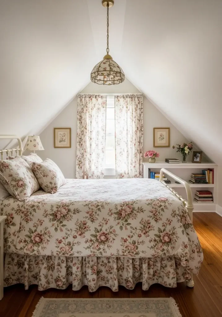 Cozy cottage attic bedroom with slanted ceiling, soft floral bedding in muted pink and cream tones, vintage white iron bed, tiny wooden nightstand, delicate botanical wall art, warm cottage lighting, natural wood floor, feminine minimal decor, small attic window with flowing curtains, woven textures, clean romantic styling, cozy reading nook, pastel cottagecore bedroom atmosphere, realistic soft lighting, uncluttered peaceful room design, warm and intimate interior mood, elegant rustic details


