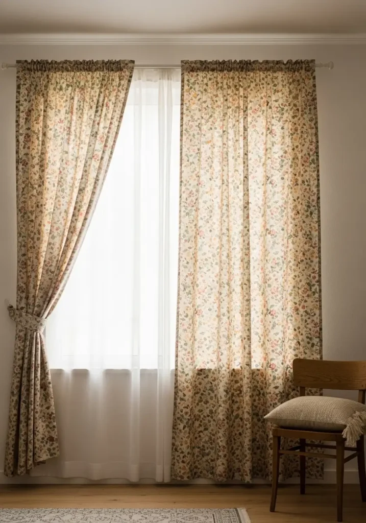 Clean minimal small retro apartment window scene with soft floral curtains, cream wall, light wooden floor, small vintage chair, round side table, warm lamp, gentle daylight, feminine cozy styling, calm vintage home mood, simple uncluttered apartment decor.