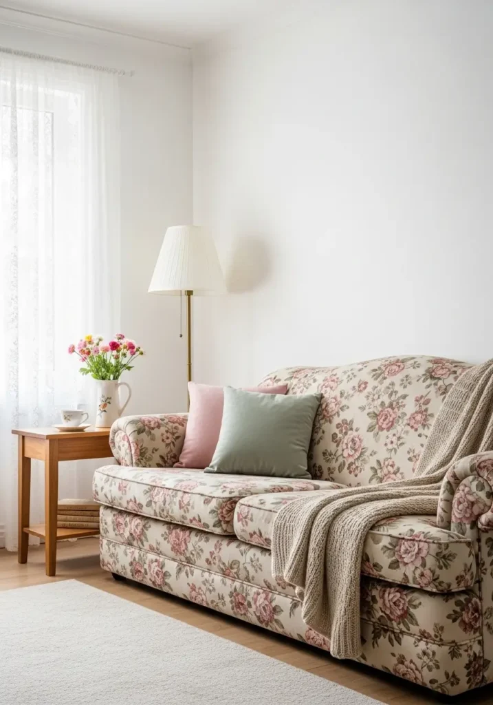 Clean minimal grandma core living room with a soft floral sofa in faded rose, cream, and sage tones, warm wooden side table, simple white walls, lace curtain panels, vintage lamp with fabric shade, knitted throw blanket, fresh flowers in a ceramic vase, calm natural window light, cozy feminine styling, uncluttered vintage comfort.