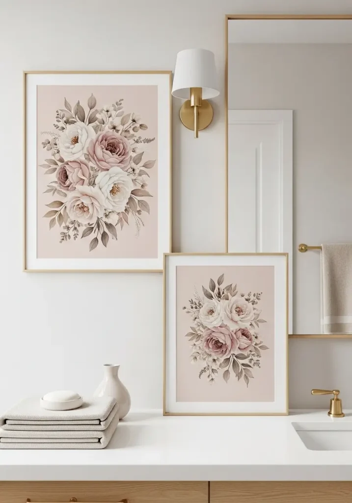 Clean minimal feminine bathroom with soft floral wall art above a cream vanity, muted blush and beige color palette, gold faucet, oval mirror, white countertop, small candle, folded towels, simple ceramic vase, warm light, romantic modern decor, tidy luxury mood.