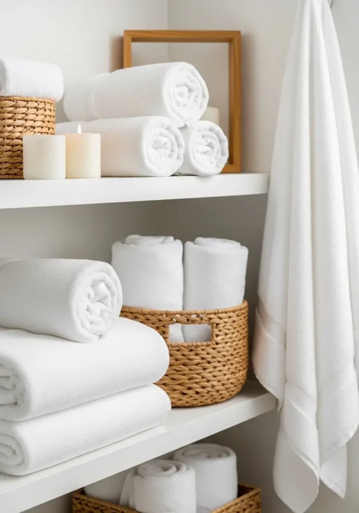 Cozy bathroom with stacked fluffy white towels on open wooden shelf, soft warm lighting, creamy walls, woven basket accents, elegant neutral bathroom decor, clean spa inspired styling, feminine apartment bathroom aesthetic, realistic fabric textures, airy atmosphere, minimal organization, calm and peaceful mood, uncluttered modern interior photography with soft shadows

