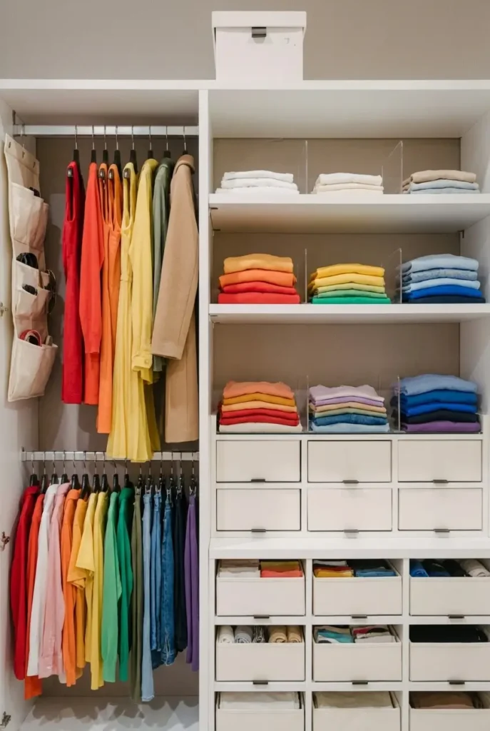 Minimal studio apartment closet drawer open with neatly folded neutral clothes in soft beige, white, blush, and gray tones, small drawer dividers, linen texture, warm daylight, clean feminine styling, peaceful organized wardrobe detail, calm simple home mood.