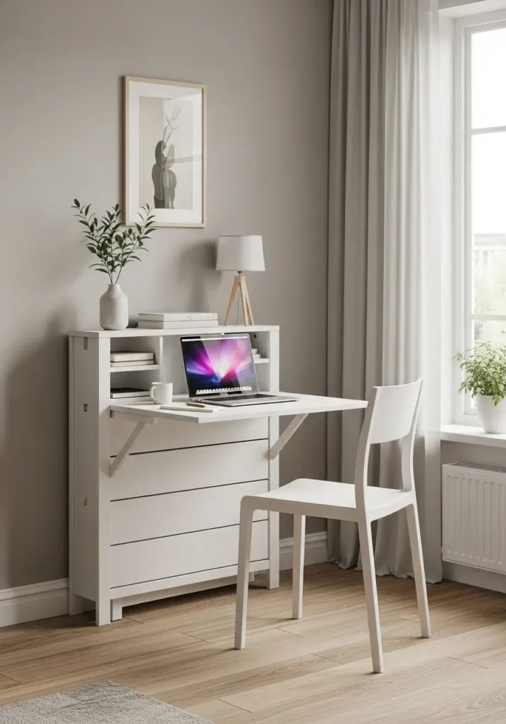 Bright minimal studio apartment work corner with a small foldable white desk, slim wooden chair, soft beige wall, linen curtain, tiny table lamp, closed laptop, neutral notebook, pale oak floor, clean feminine styling, peaceful compact home office mood, realistic interior photography.