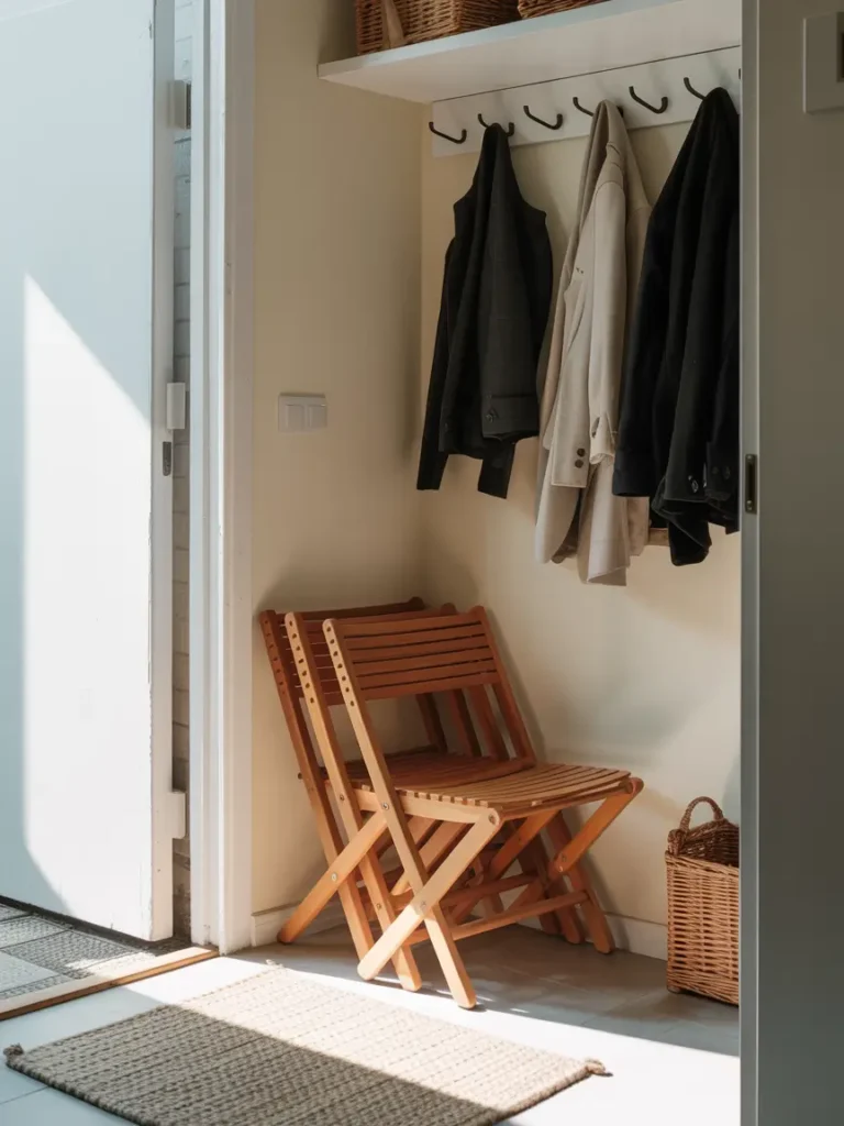 Apartment entryway featuring foldable wooden chairs stacked neatly against the wall, a small neutral rug on the floor, wall hooks for jackets above, natural light streaming in, modern minimalist style, organized and functional small-space design.