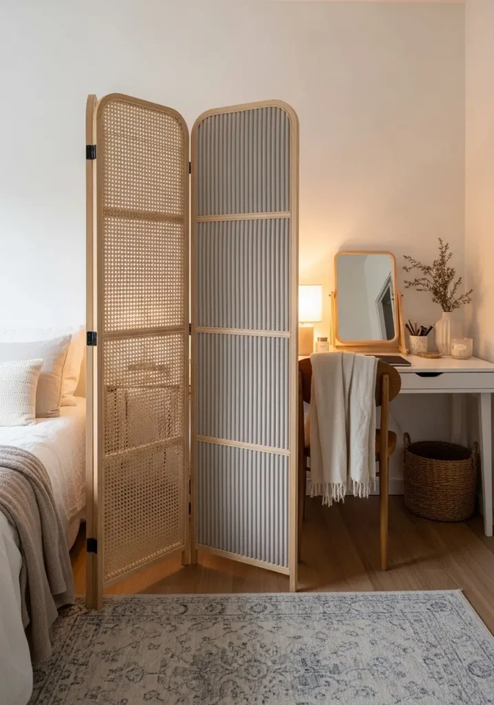 Clean minimal micro studio apartment with a curved folding screen beside a cozy bed, soft cream and taupe color palette, simple linen bedding, small blush accent pillow, round side table, warm lamp, pale rug, natural wood floor, feminine, calm styling, uncluttered tiny home atmosphere.