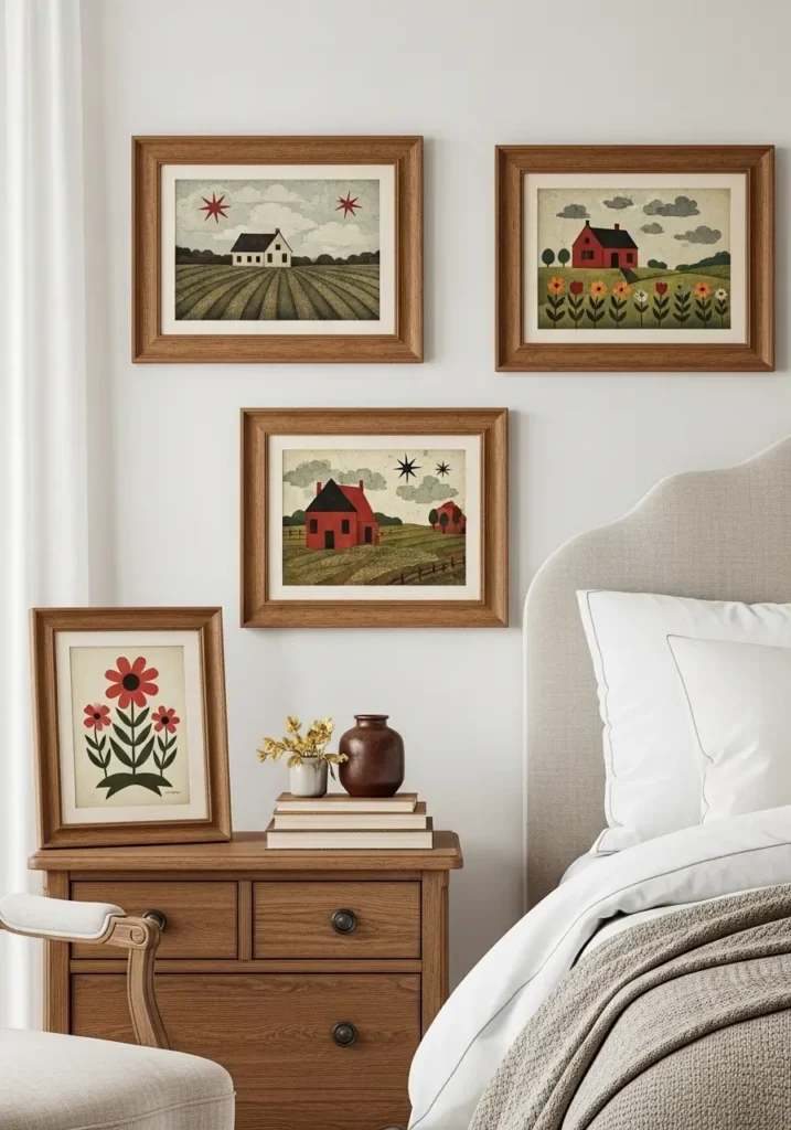 Clean minimal vintage Americana bedroom with small framed folk art prints above a wooden dresser, cream walls, white bedding, faded quilt, antique mirror, soft red and blue accents, woven basket, natural light, cozy country charm with simple styling.