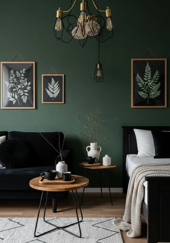 Clean minimal goth apartment living space with deep forest green wall, black velvet sofa, warm wood coffee table, cream knitted throw, brass lamp, simple botanical wall print, soft candlelight, uncluttered cozy room, dark calm feminine styling with natural mood.