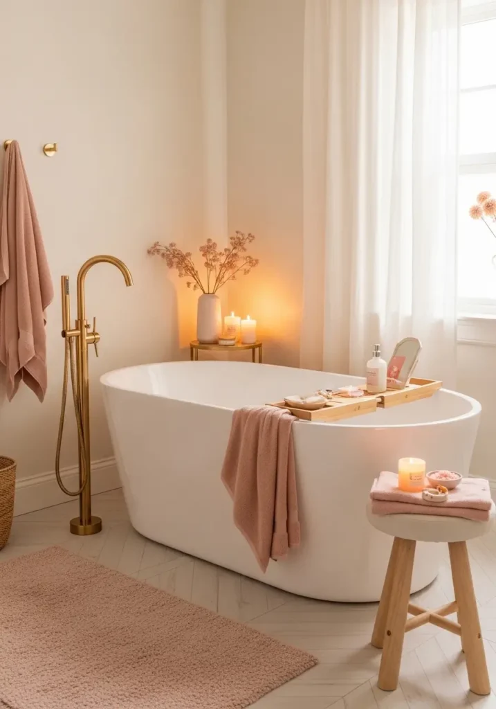 Clean minimal luxury feminine bathroom with a white freestanding tub, brushed gold floor faucet, soft cream walls, pale blush bath rug, sheer white curtains, candle tray, delicate flowers, warm natural light, smooth stone floor, romantic modern spa mood.