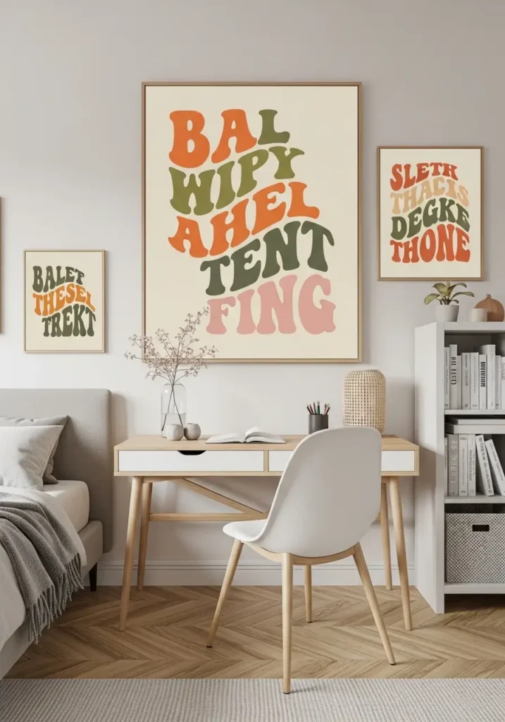 Retro apartment office corner with funky vintage typography wall art, muted orange and cream palette, tiny wooden desk, cozy feminine apartment decor, warm lighting, soft retro styling, clean layout, nostalgic 1970s inspired lettering, realistic editorial photography, minimal apartment setup, calm warm atmosphere, uncluttered cozy space